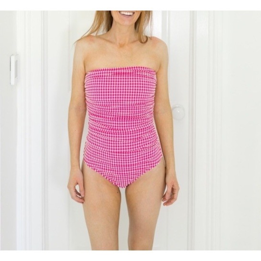 J. Crew Gingham One Piece Swimsuit Strapless Seersucker Pink Barbie Size XL